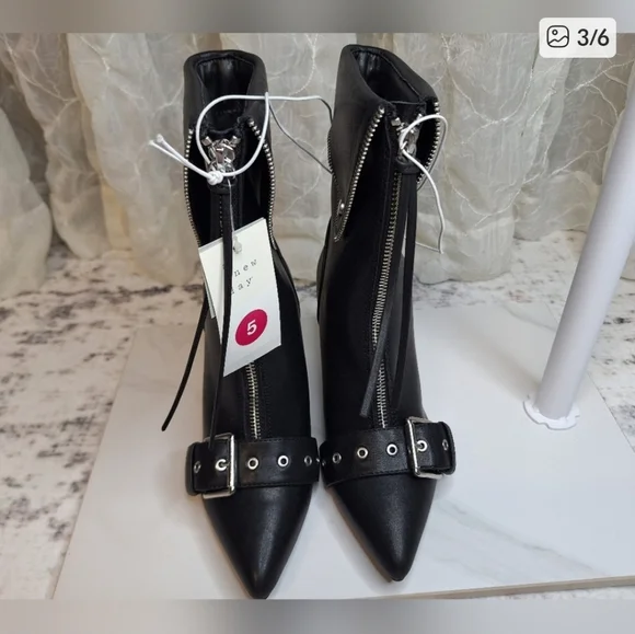 A New Day Black Heeled Boots with Silver Zipper & Buckle Detail Memory Foam - Picture 3 of 6